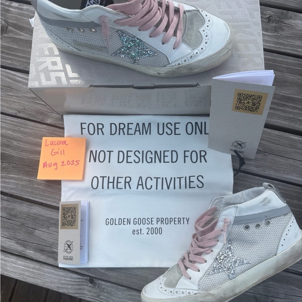 Golden Goose Women's Glitter Silver Sneakers with Pink Accents